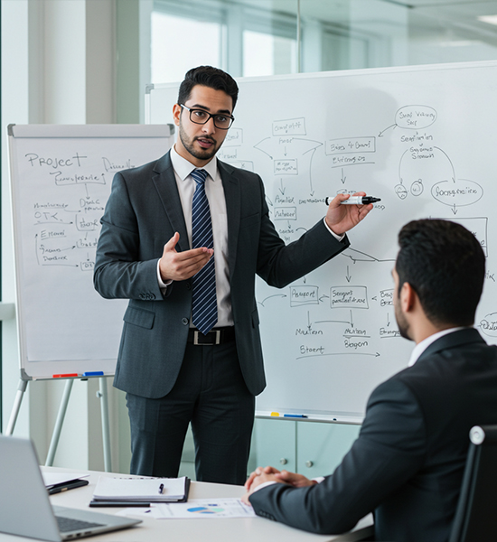 تطوير أعمال للشركات خبير من اسناد للأعمال يشرح منهجية تطوير الشركات للعميل